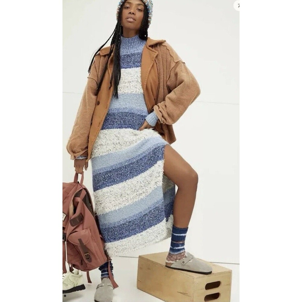 Free People Sweater Dress M Making Waves Blue Striped Eyelash-knit‎ Granola Girl